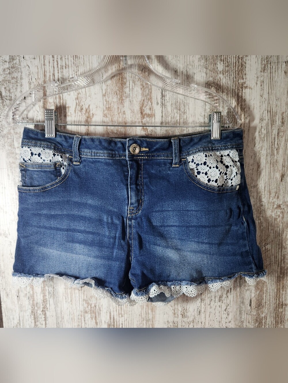 Justice Blue Denim Jean Shorts with White Crochet Trim Size 18.5